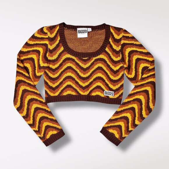 Ragged Jeans Chevron Crop Sweater Women’s Small Brown Yellow Acrylic Knit - Picture 11 of 11